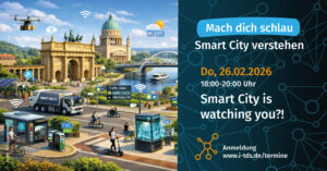 Das Bild zeigt eine KI-generierte Stadt Postdam mit digitalen Messpunkten und ist ein Rückblick zu der Veranstaltung SMART CITY verstehen vom 26. Februar 2026 zum Thema - Smart City ist watching you.