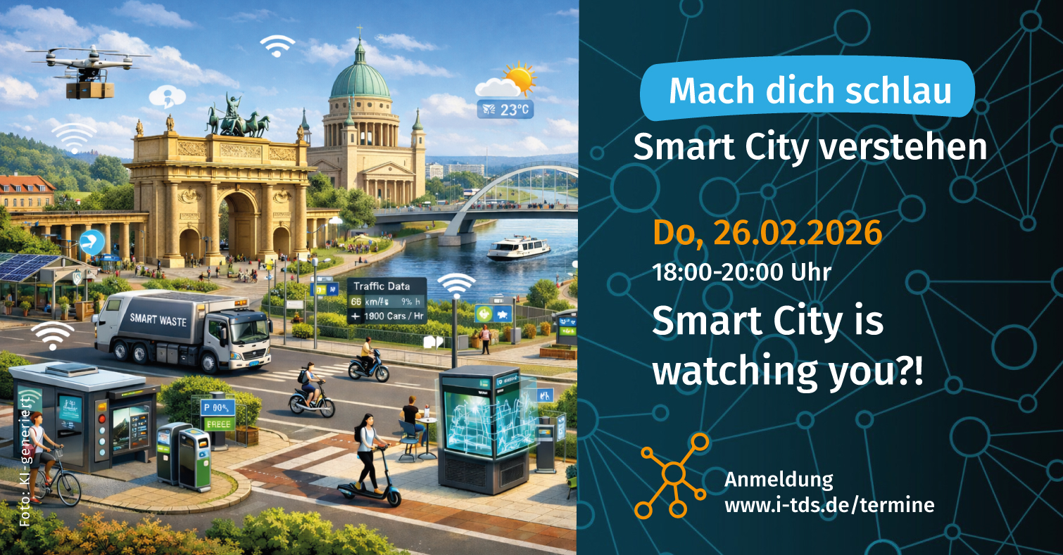 Das Bild zeigt eine KI-generierte Stadt Postdam mit digitalen Messpunkten und ist ein Rückblick zu der Veranstaltung SMART CITY verstehen vom 26. Februar 2026 zum Thema - Smart City ist watching you.