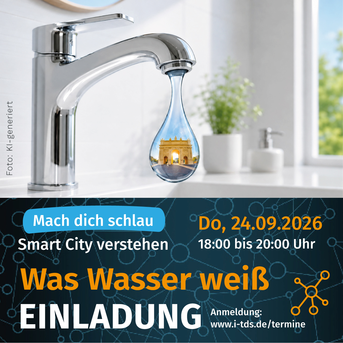 Das Bild zeigt ein Waschbecken mit Wasserhahn und einem großen klaren Wassertropfen daraus hervorquellen mit der Spiegelung des Brandenburger Tores von Potsdam und symbolisiert die Bedeutung des Wassers in der Städtischen Grundversorgung.